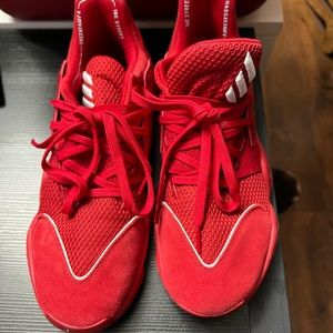 Red adidas mid tops. Harden line